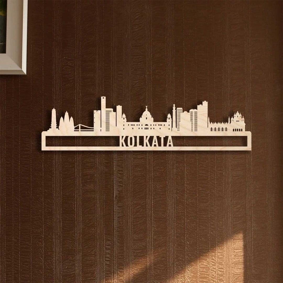 Printed Black Wooden Kolkata City Skyline Wall Decor