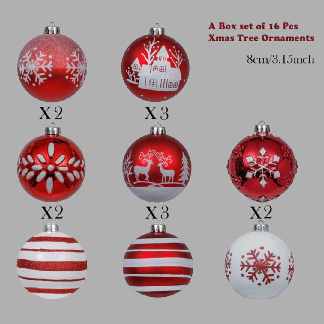 Red & White & Green Christmas Ball Ornaments For Decoration | Set of 16