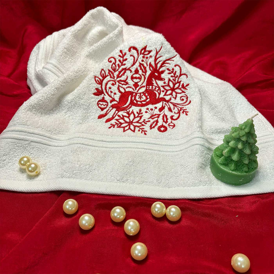 Personalized Decorative Reindeer Embroidered Cotton Hand Towel | Secret Santa Gift Ideas