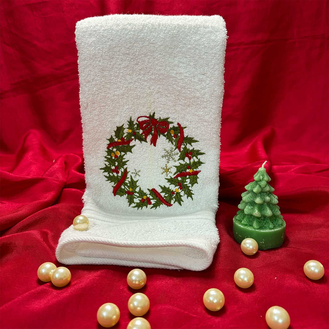 Personalized Decorative Wreath Embroidered Cotton Hand Towel | Xmas Gifting Ideas