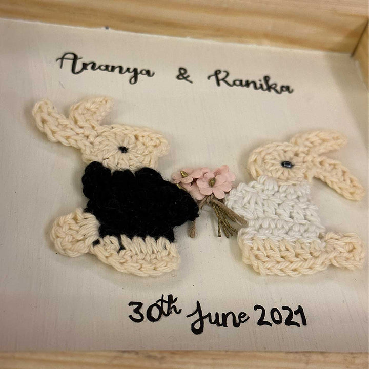 Personalized Handmade Crochet Bunny Wooden Plaque For Couples