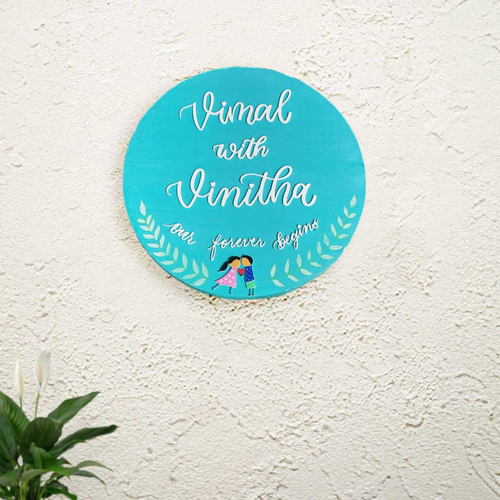 Personalized Blue Round Pine Wood Name Plate