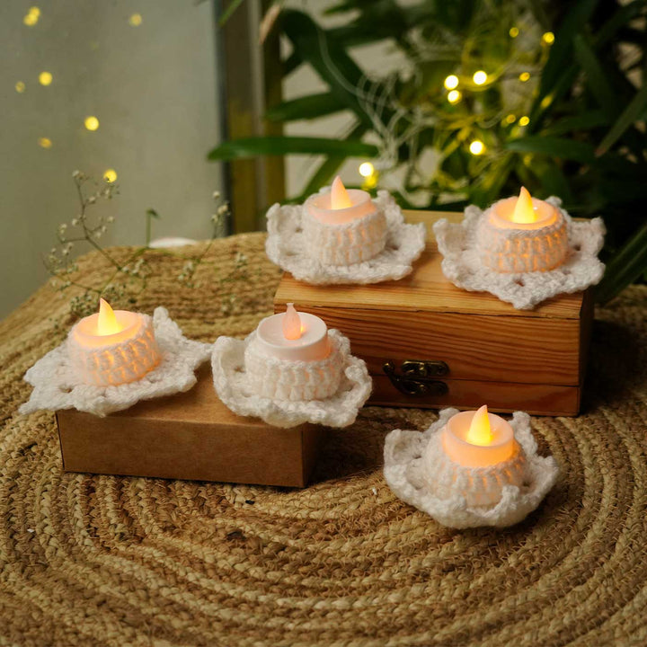 Handmade Crochet White Tealight Holder | Set Of 5