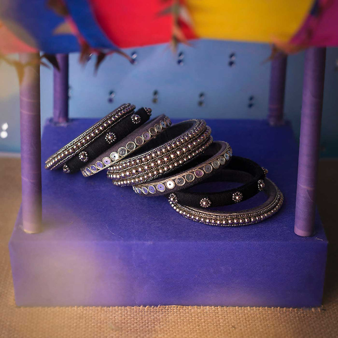 Black & Silver Handcrafted Amara Sequin Work Bangles | Set of 7