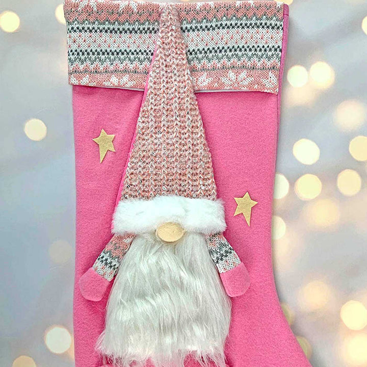 Handmade Pink Gnome Woolen Stockings For Christmas Decoration