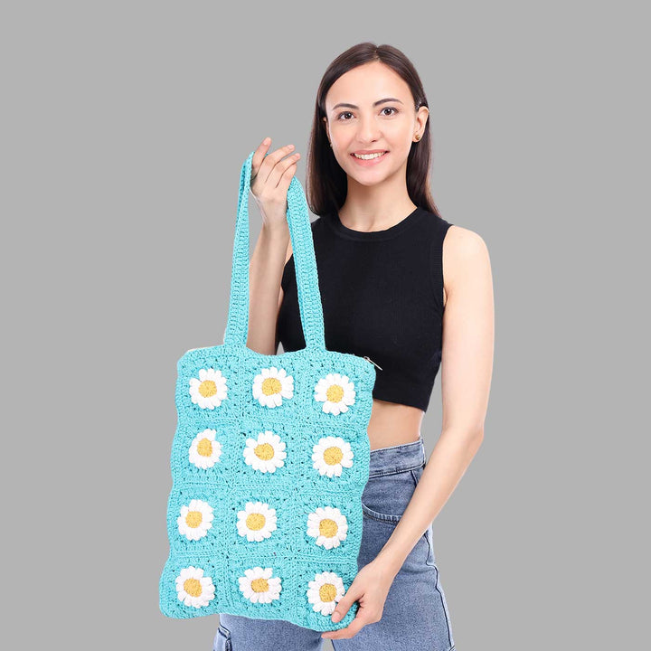 Handmade Crochet Blue Daisy Tote Bag