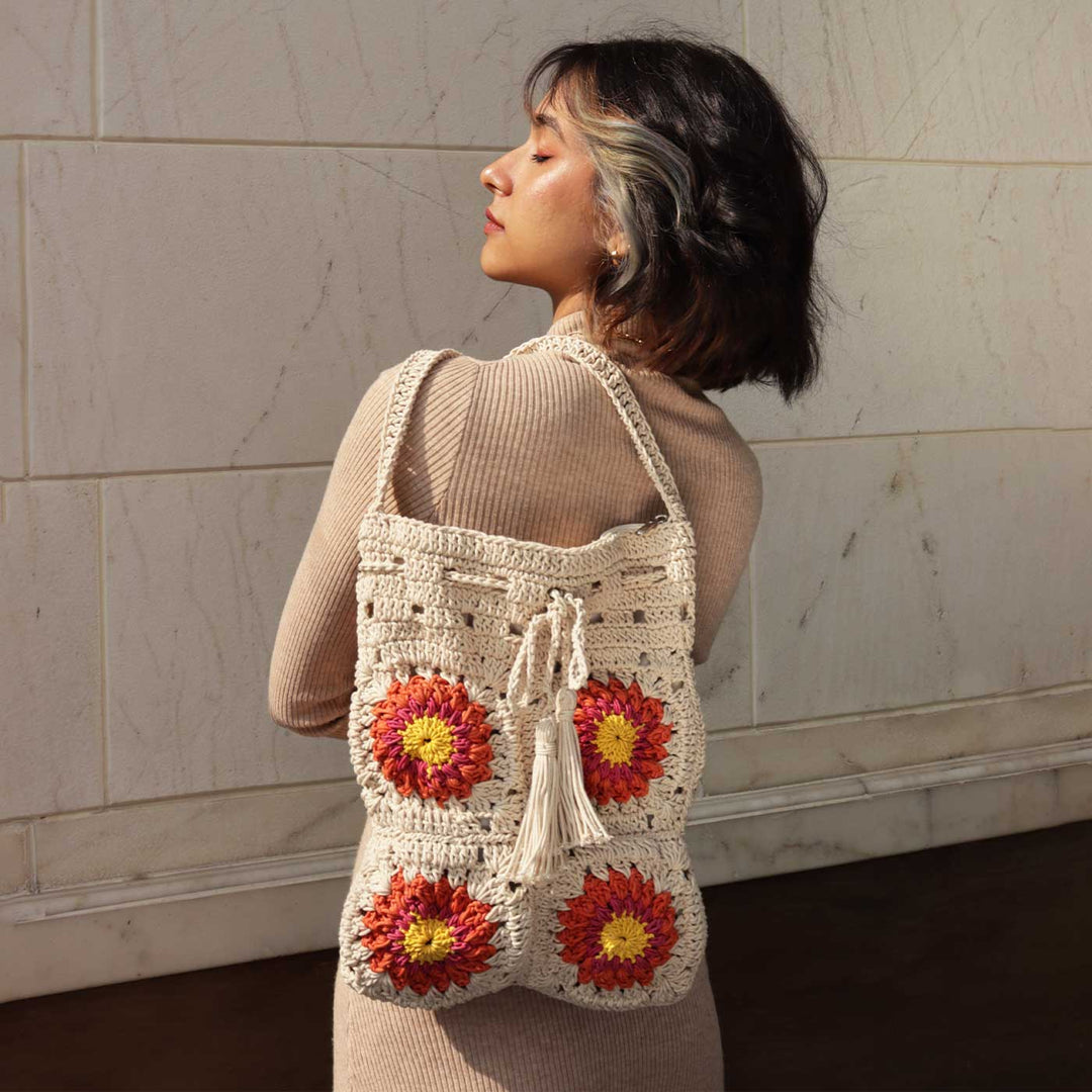 Handmade Crochet Floral Patch Shoulder Bag