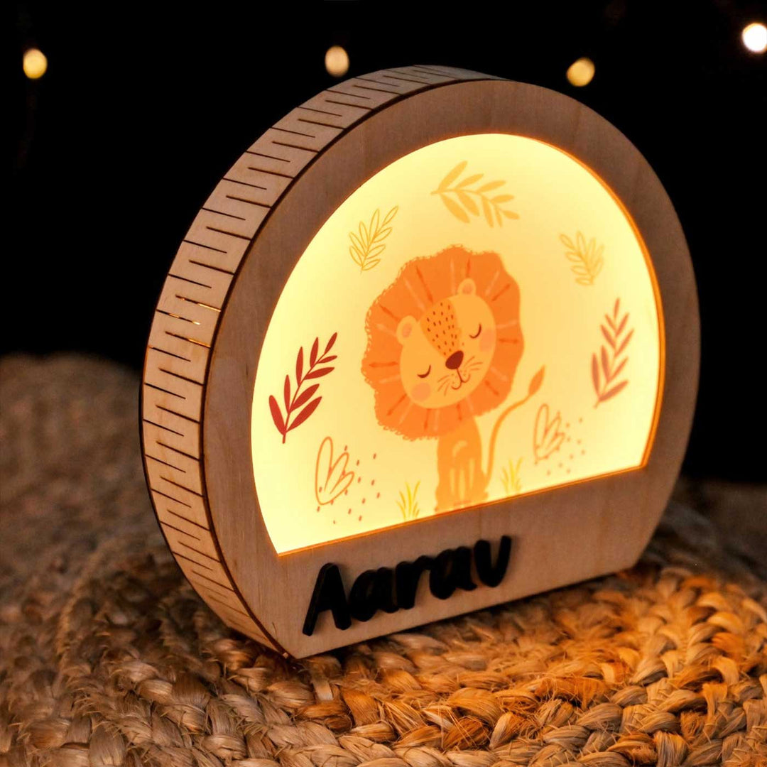 Personalized Lion Theme Wooden Table Lamp With 3D Letters