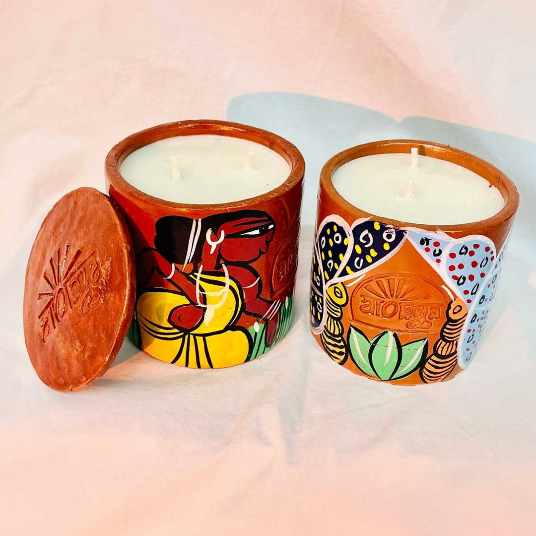 Hand-Painted Pattachitra Double Wick Scented Candles | Set Of 2 (Assorted Designs)