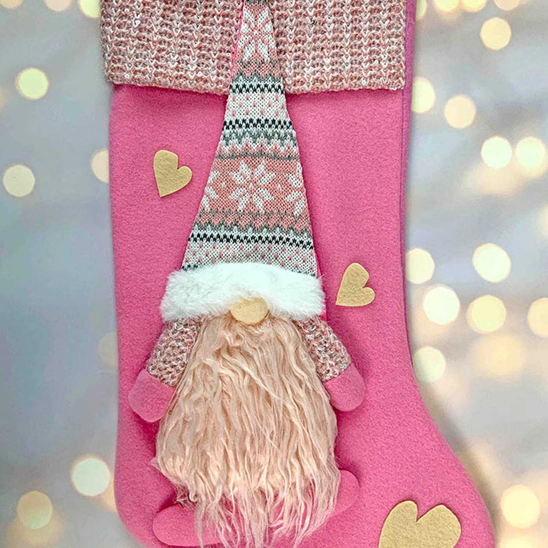 Handmade Pink Beard Gnome Woolen Stockings For Christmas Decoration