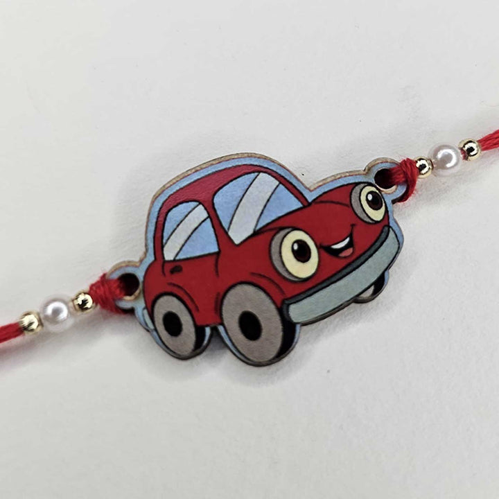 Handmade Car Theme MDF Wood Kids Rakhi With Roli Chawal