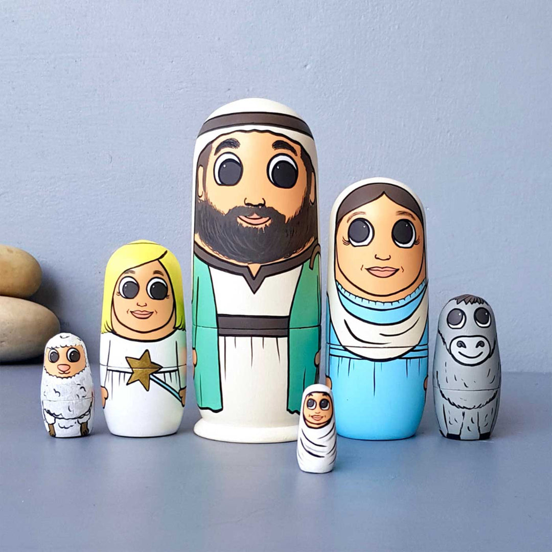 Hand-Painted Nativity Crib Nesting Wooden Dolls For Christmas Decoration | Set Of 6