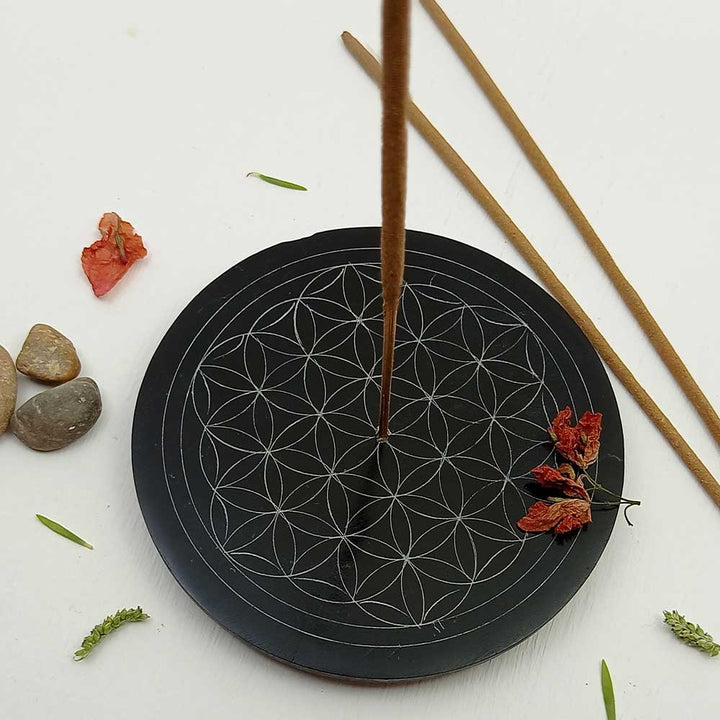 Handmade Black Adara Flowers Of Life Soapstone Incense Stick Holder | Set of 2