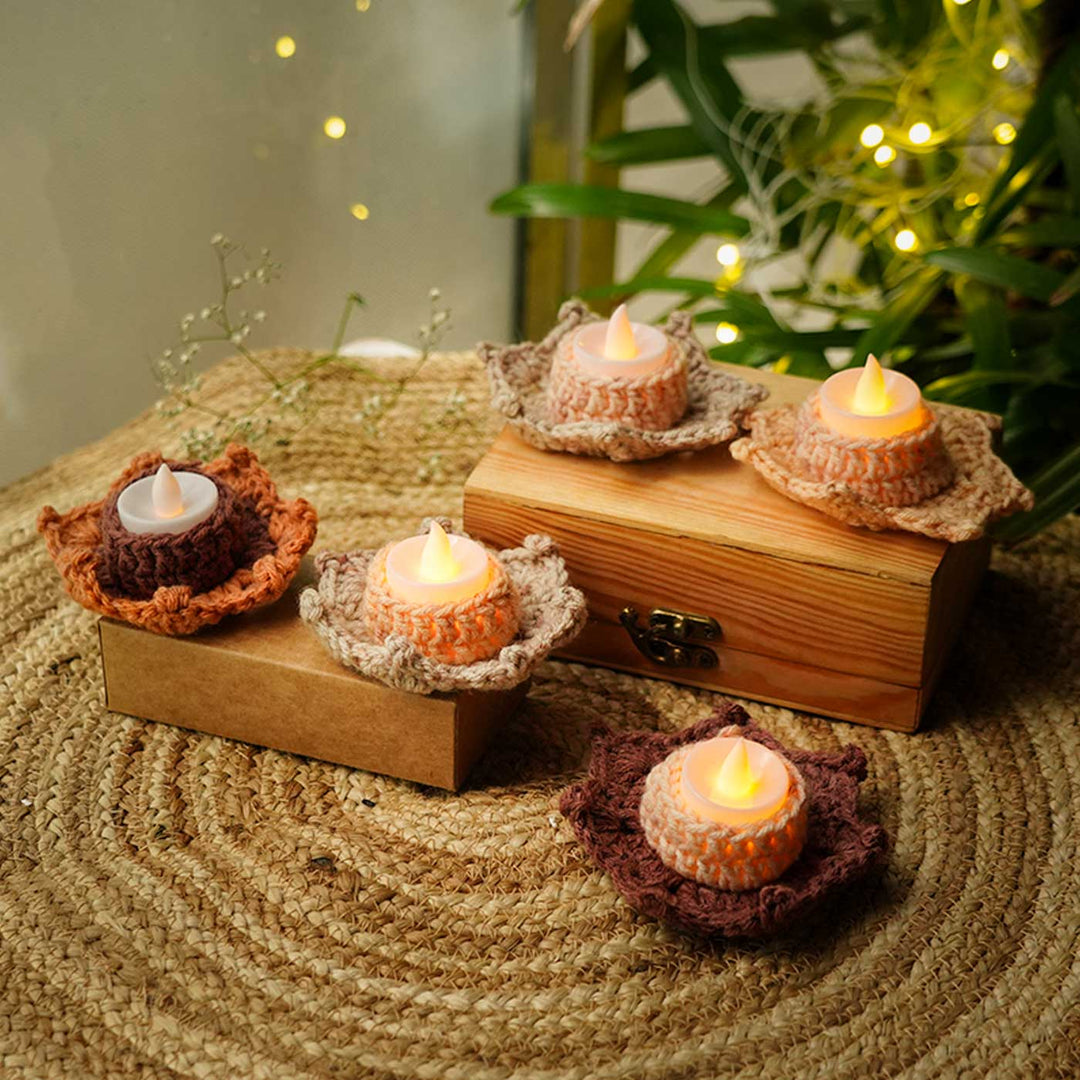 Handmade Crochet Brown Tealight Holder | Set Of 5