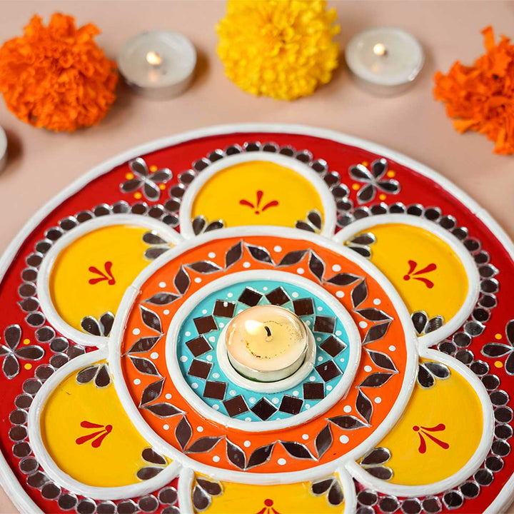 Handmade Lippan Rangoli Wooden Tealight Holder