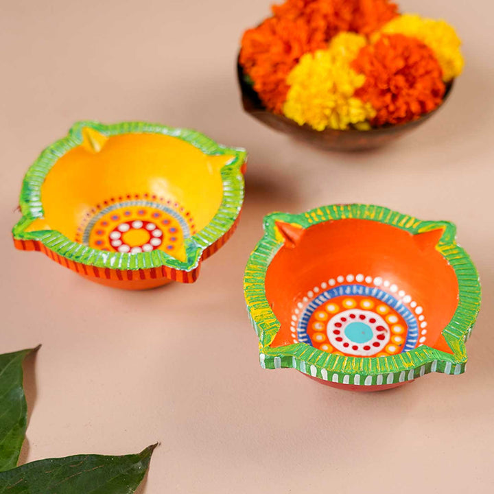 Handmade Big Star Clay Oil Lamp / Diya | Set of 2