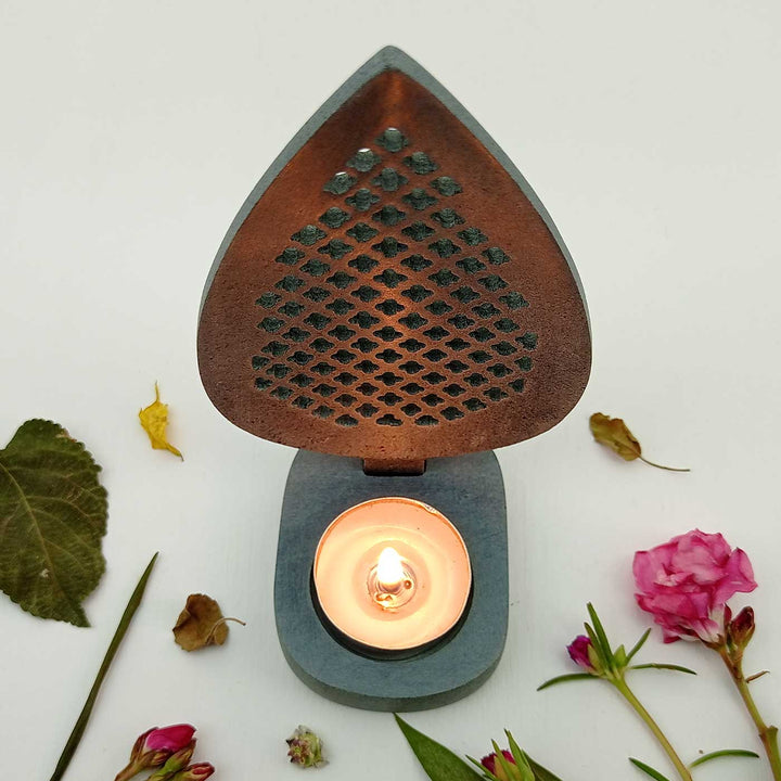 Handmade Grey Taifa Leaf Shape Soapstone Tealight Holder