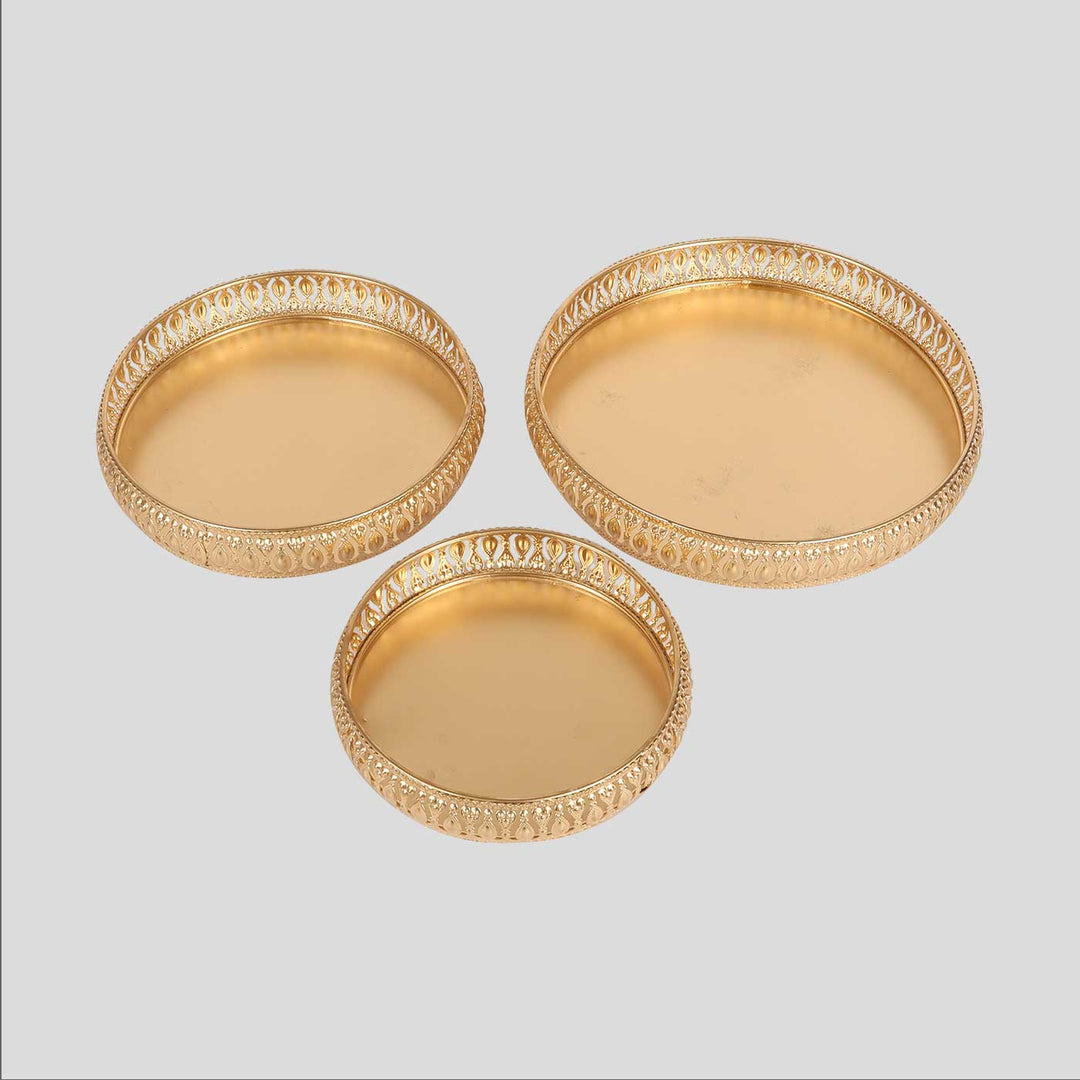 Handmade Round Etching Gold Tray | Set Of 3