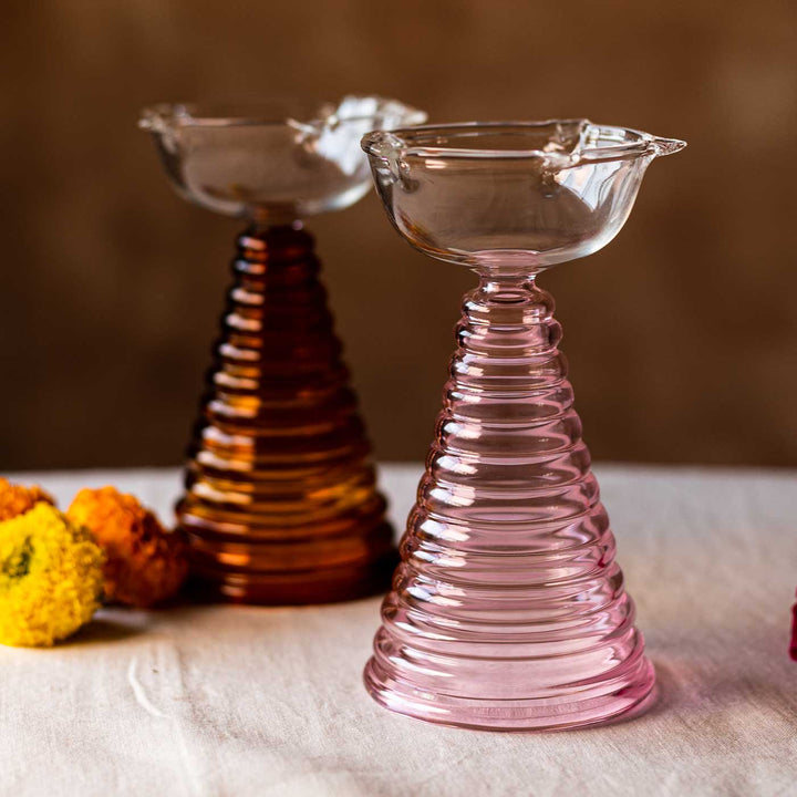 Handmade Pink Tall Borosil Glass Oil Lamp / Diya | 5.9  inch