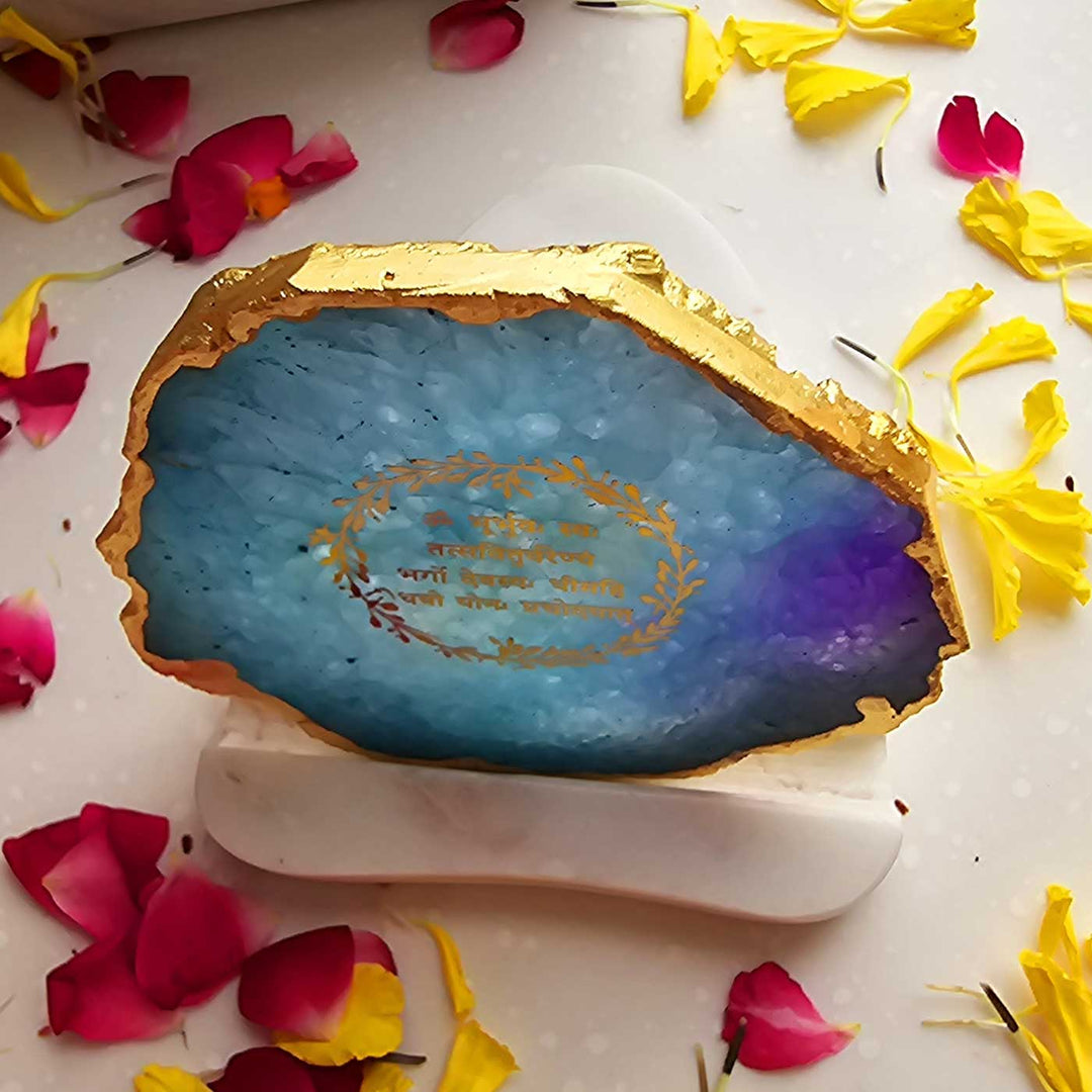 Handmade Turquoise Gayatri Mantra Agate Decor With Marble Tea Light Holder