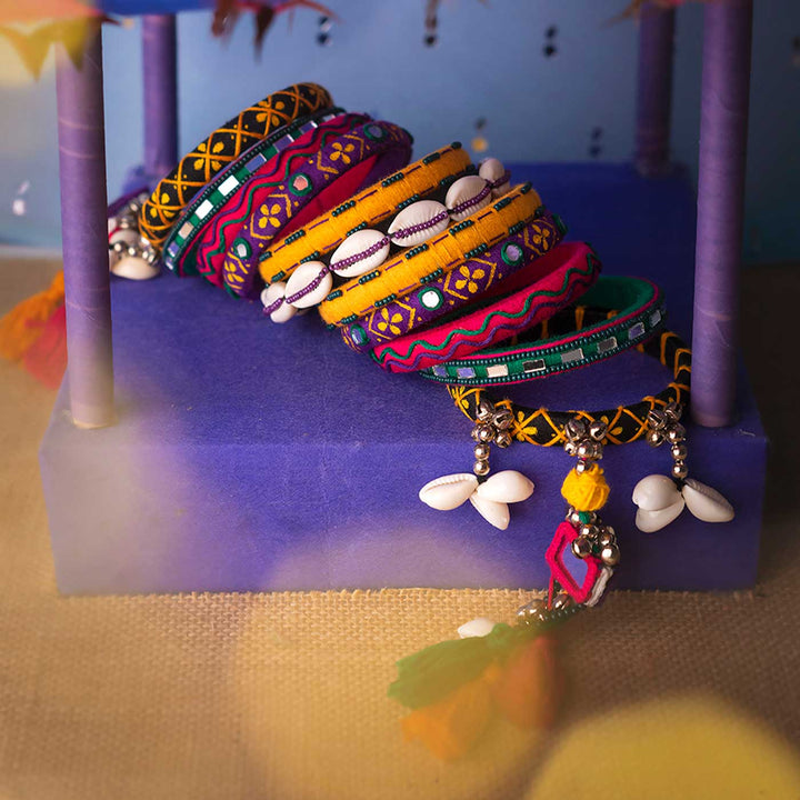 Multicolour Handcrafted Keya Shells Embroidery Tassel Bangles | Set of 11