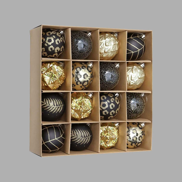 Black & Gold theme Shimmer Christmas Ball Ornaments For Decoration | Set of 16