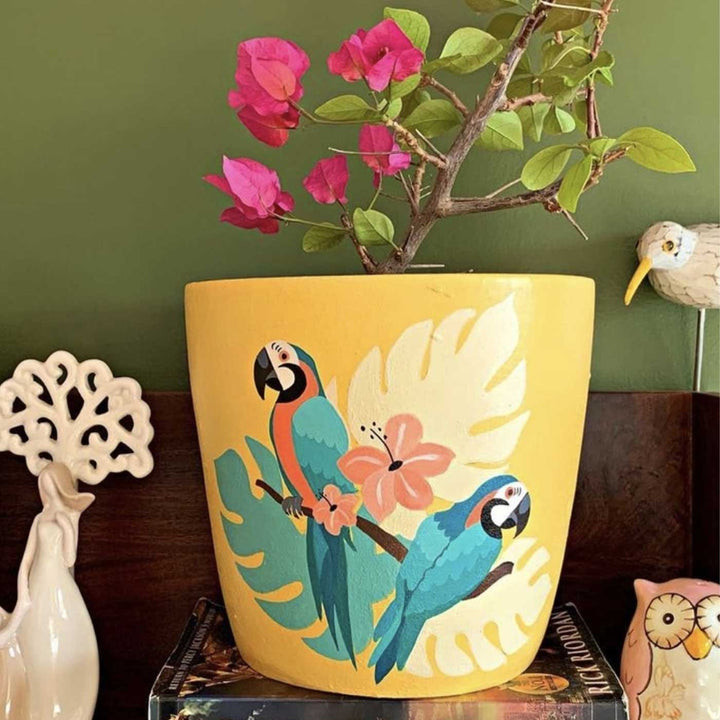 Hand-Painted Yellow Tropical Parrot Terracotta Planter Pot