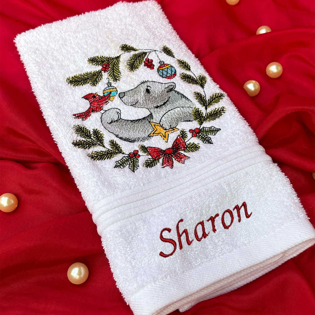 Personalized Bear & Cardinal Embroidered Cotton Hand Towel | Xmas Gifting Ideas