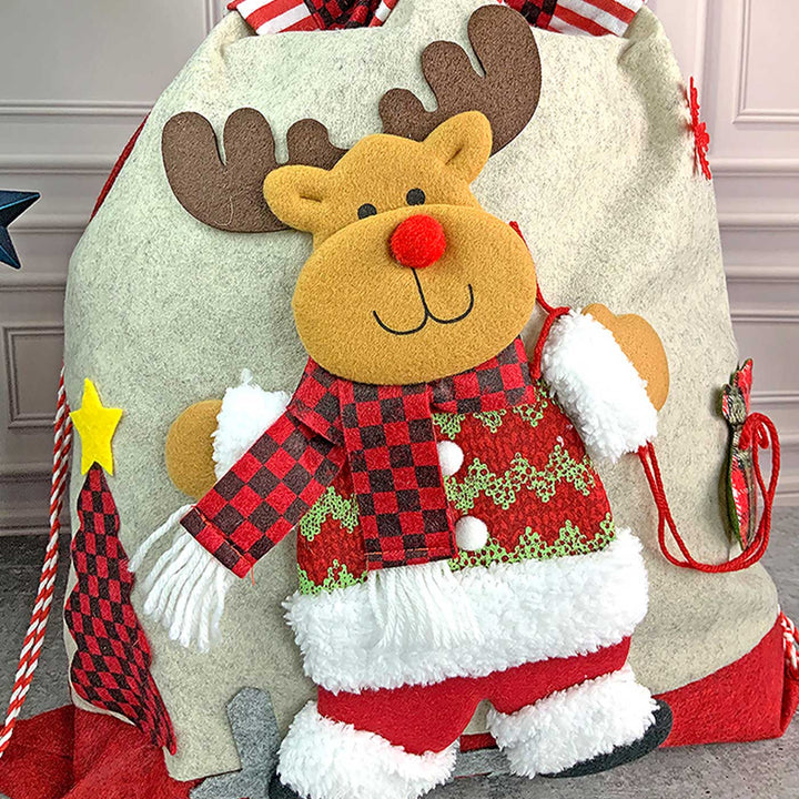 Handmade Deer Red & Grey Checks Plush Fabric Gift Sacks For Christmas Decoration