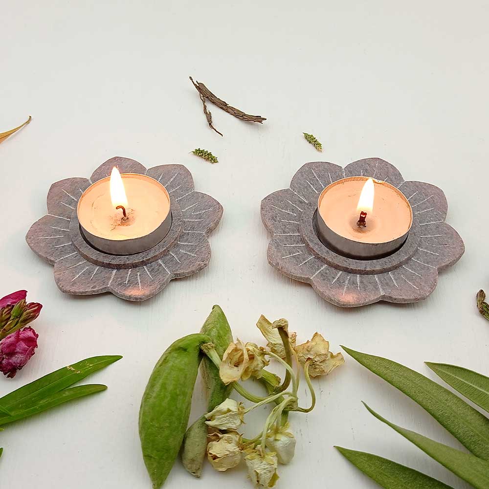 Handmade Grey Kanan Lotus Flower Tealight Holder | Set Of 4