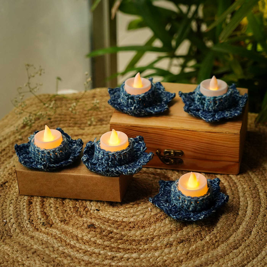 Handmade Crochet Indigo Tealight Holder | Set Of 5