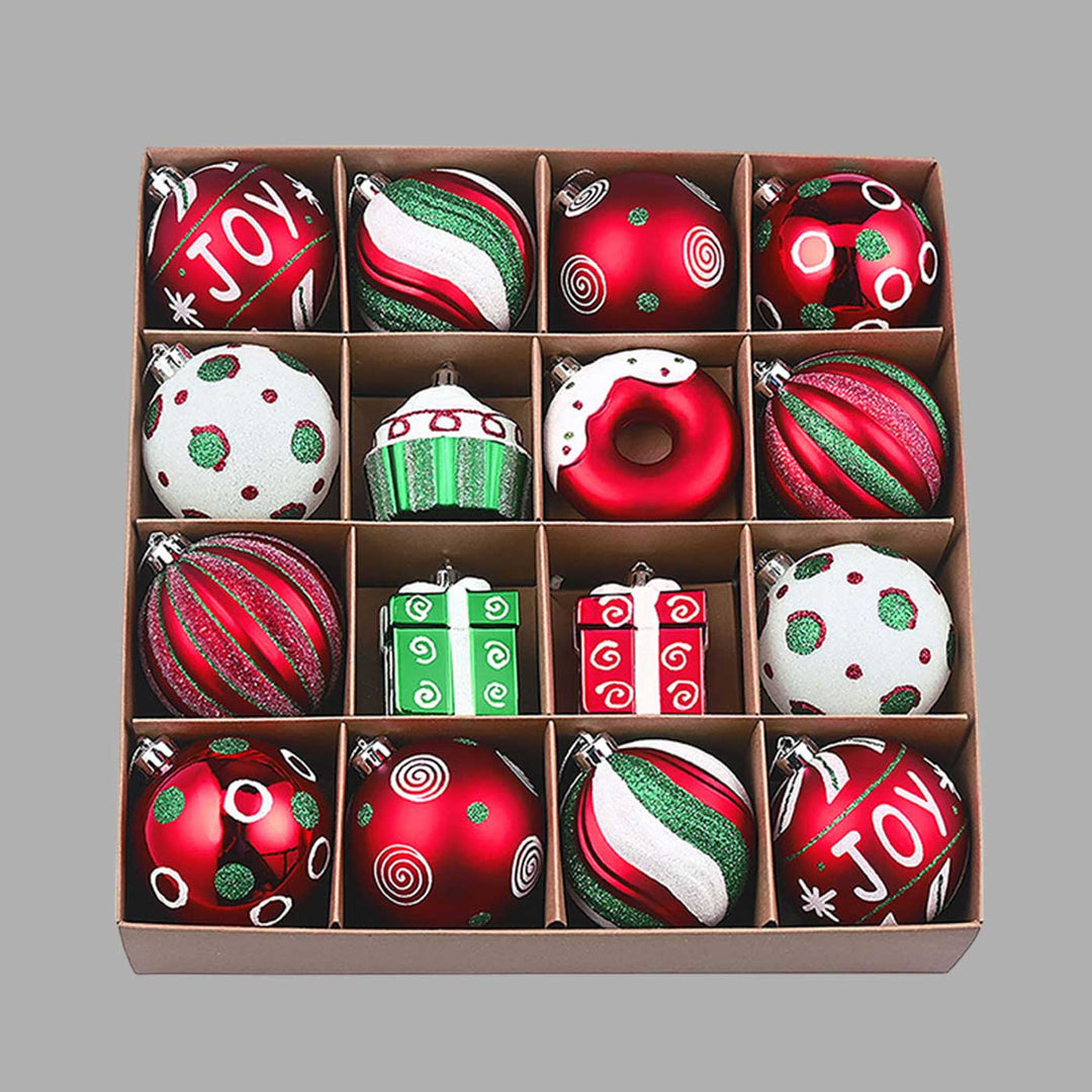 Red, Green & White Gift Boxes themed Christmas Ball Ornaments For Decoration | Set of 16