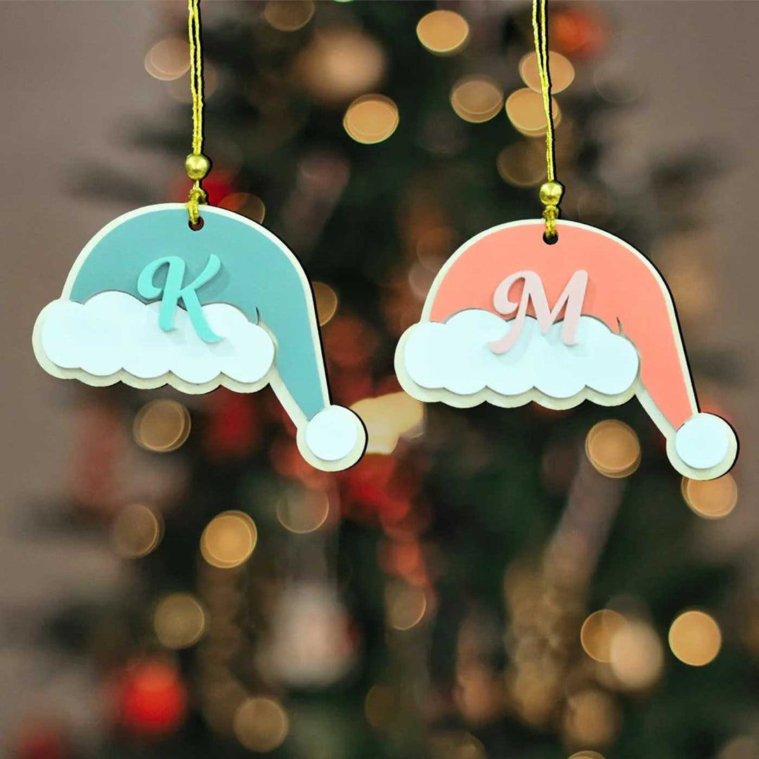 Personalized Santa Hat Initial Wooden Ornament For Christmas Tree Decoration