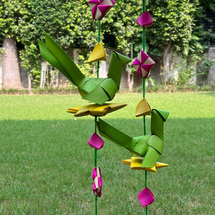 Handmade Diwali Decor Palm Leaf Lotus & Parrot | Set Of 2