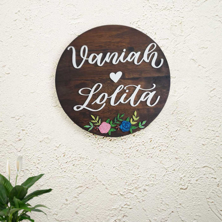 Personalized Round Floral Theme Wooden Name Plate