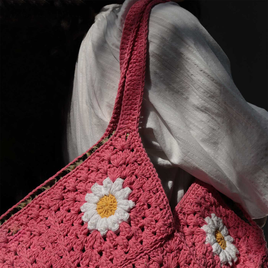 Handmade Crochet Pink Daisy Hobo Shoulder Bag