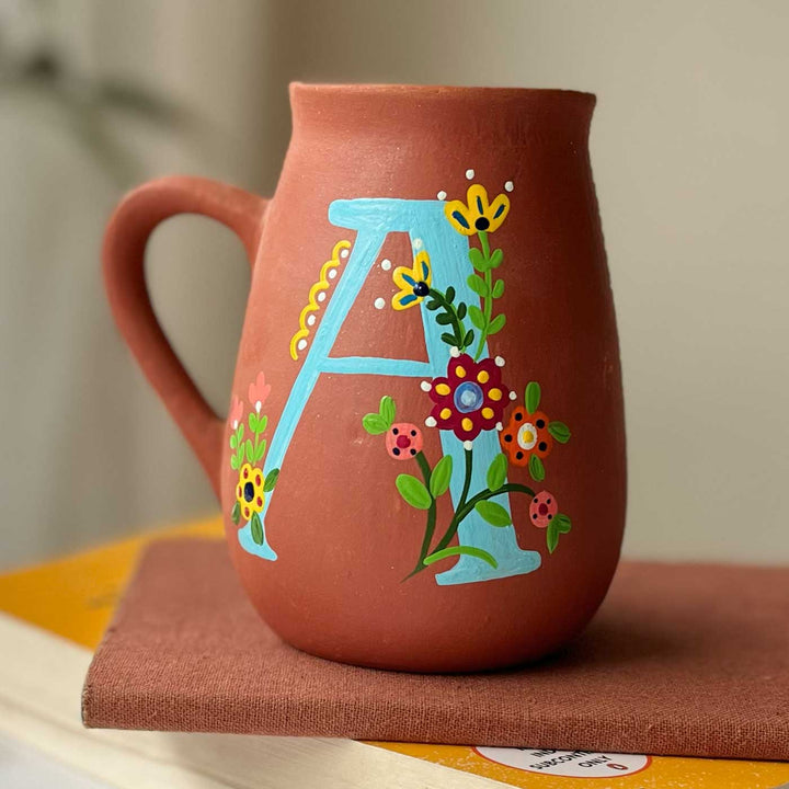 Personalized Hand-painted Floral Theme Monogram Terracotta Mug - A