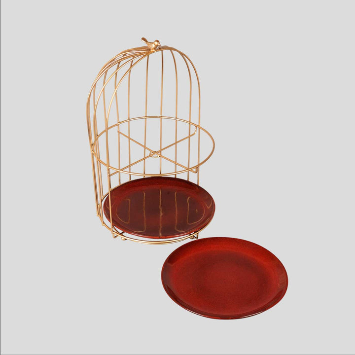 Handmade Two Layer Cage Shaped Platter With Maroon Plates | Set Of 3