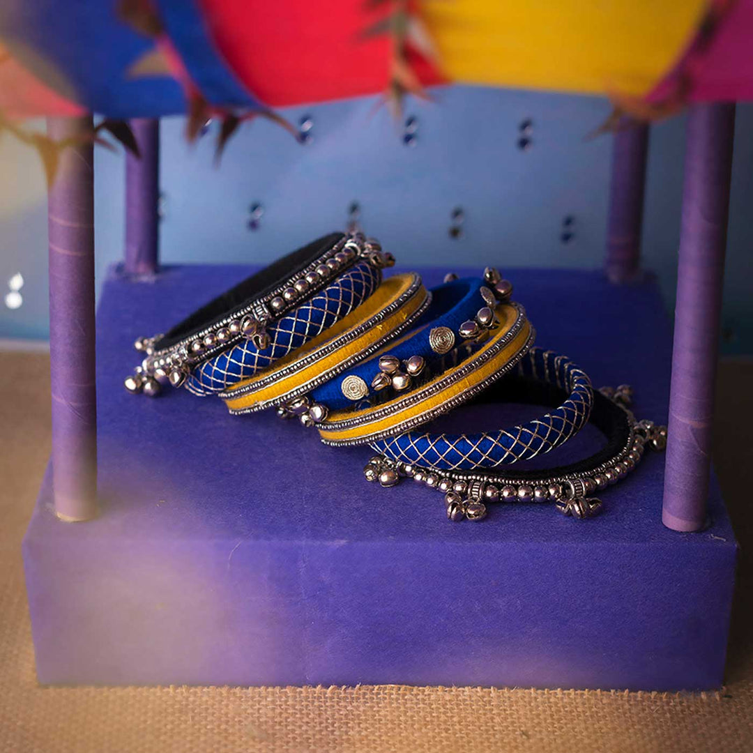 Blue & Yellow Handcrafted Meher Silver Ghugharu Bangles | Set of 7