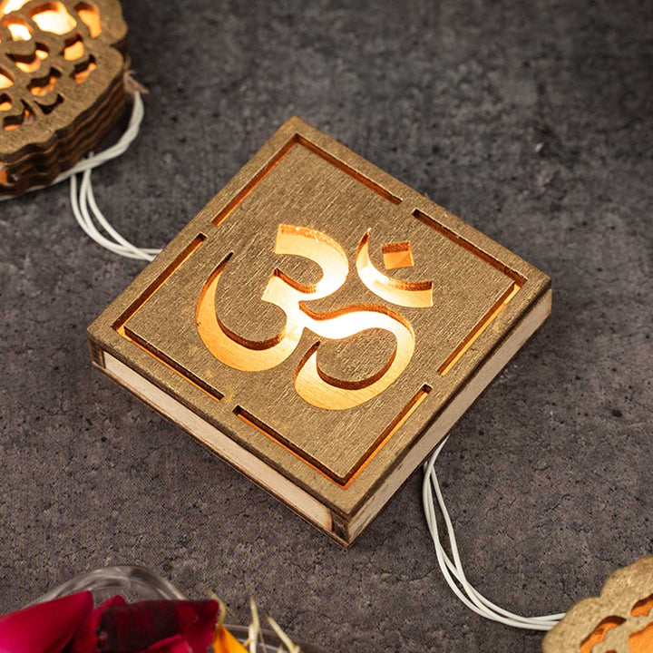 Handmade Decorative Om & Swastik Shape 3D Wooden Fairy Light