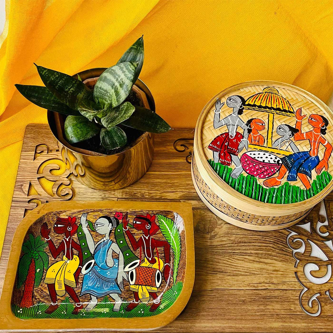 Hand-Painted Pattachitra Harshil Wooden Hamper | Set Of 2