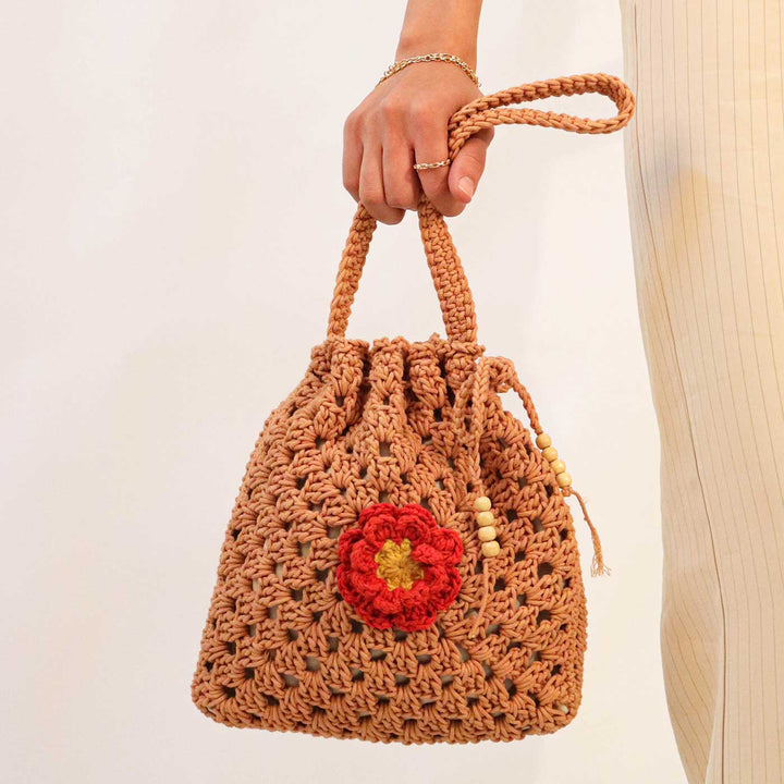 Handmade Crochet Brown Floral Potli