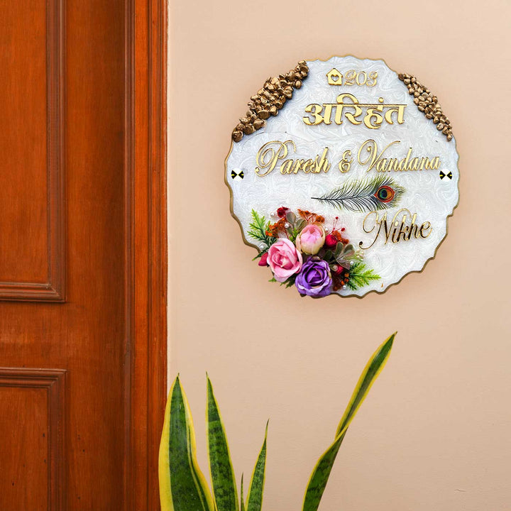 Personalized White Floral Theme Round Resin & Acrylic Waterproof Name Plate