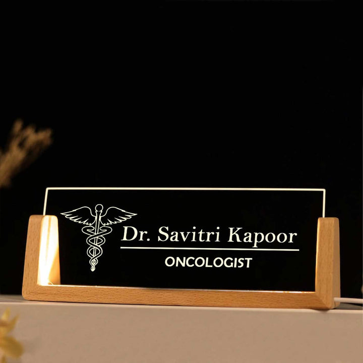 Personalized Doctor Sleek Glass Desk Nameplate With LED Light