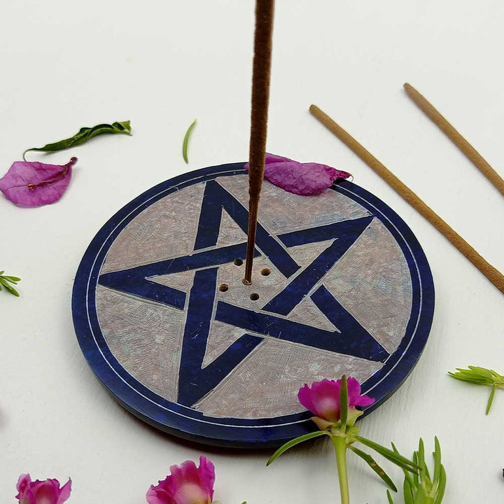 Handmade Blue Givon Pentacle Soapstone Incense Stick Holder | Set of 2