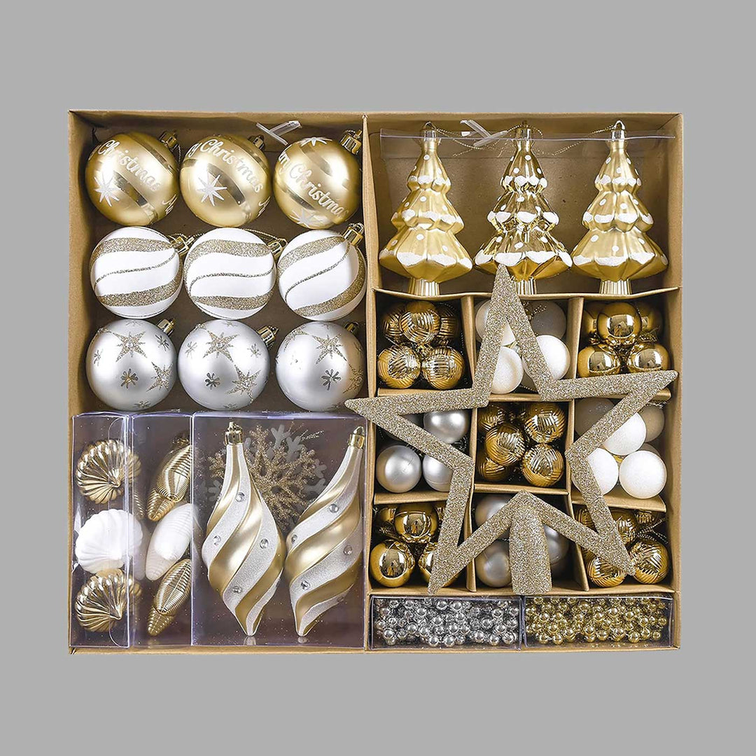 Gold & White Christmas Ball Ornaments For Decoration | Set of 90