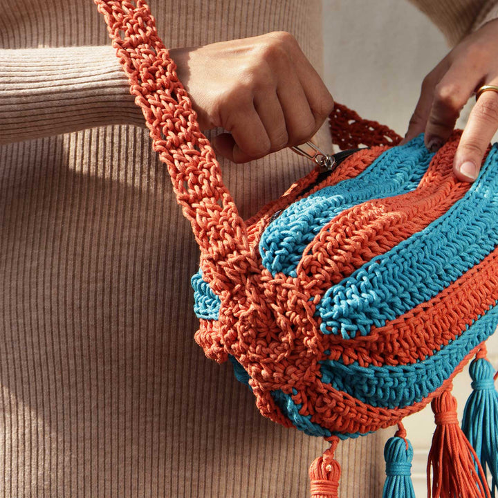 Handmade Crochet Orange & Blue Duffel Sling Bag