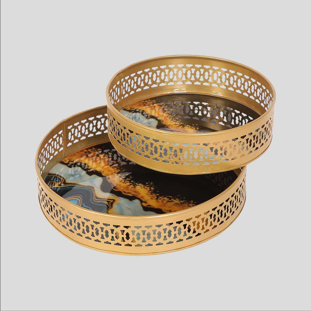 Handmade Round Blue & Black Metal Meena Tray | Set Of 2