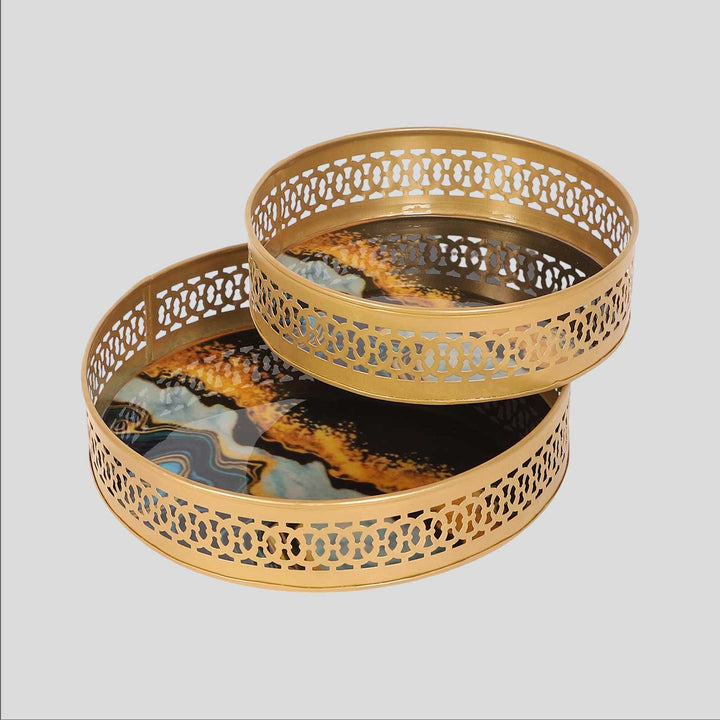 Handmade Round Blue & Black Metal Meena Tray | Set Of 2