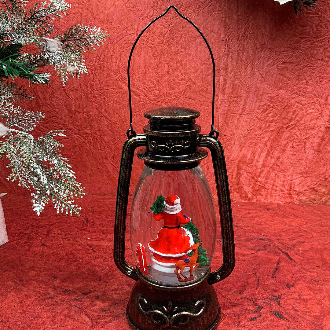 Santa With Rotating Gift And Deer Musical Lantern For Christmas Table Decoration